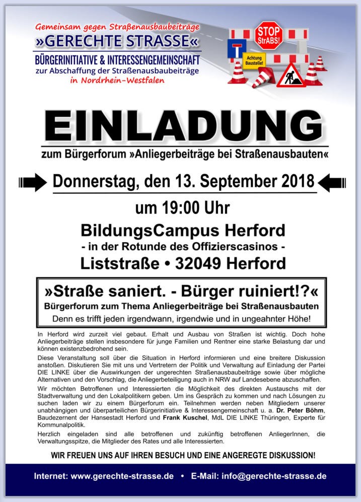 Einladung zum Brgerforum zum Thema Anliegerbeitrge bei Straenausbauten am 13.09.2018